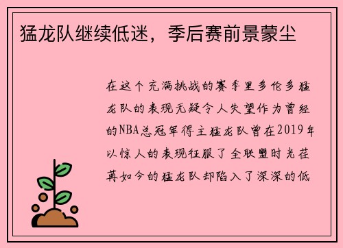 猛龙队继续低迷，季后赛前景蒙尘